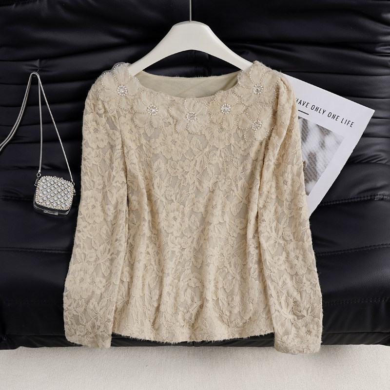 Gentle style milk tea color three-dimensional floral lace shirt for women, 2026 autumn new long-sleeve slim-fit base shirt, stylish top