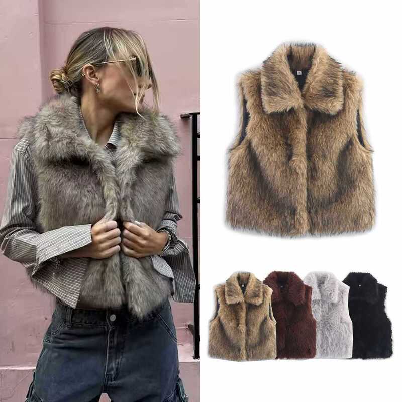 Cross-Border Women's Clothing Autumn Casual Street Fashion Vest Faux Fur Top Off-White Gray Brown