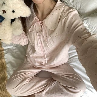 粉色波点娃娃领睡衣女春秋长袖长裤甜美蝴蝶结家居服套装可外穿