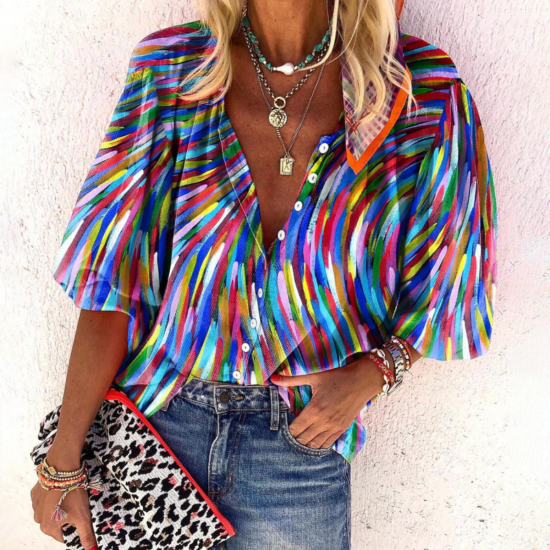 New 3D Floral Print Long-Sleeved Tops for Women Cross-Border Foreign Trade Spring Women's Fashion V-Neck Shirts Wholesale from Manufacturers New 3D Floral Print Long-Sleeved Tops for Women Cross-Border Foreign Trade Spring Women's Fashion V-Neck Shirts Wholesale from Manufacturers