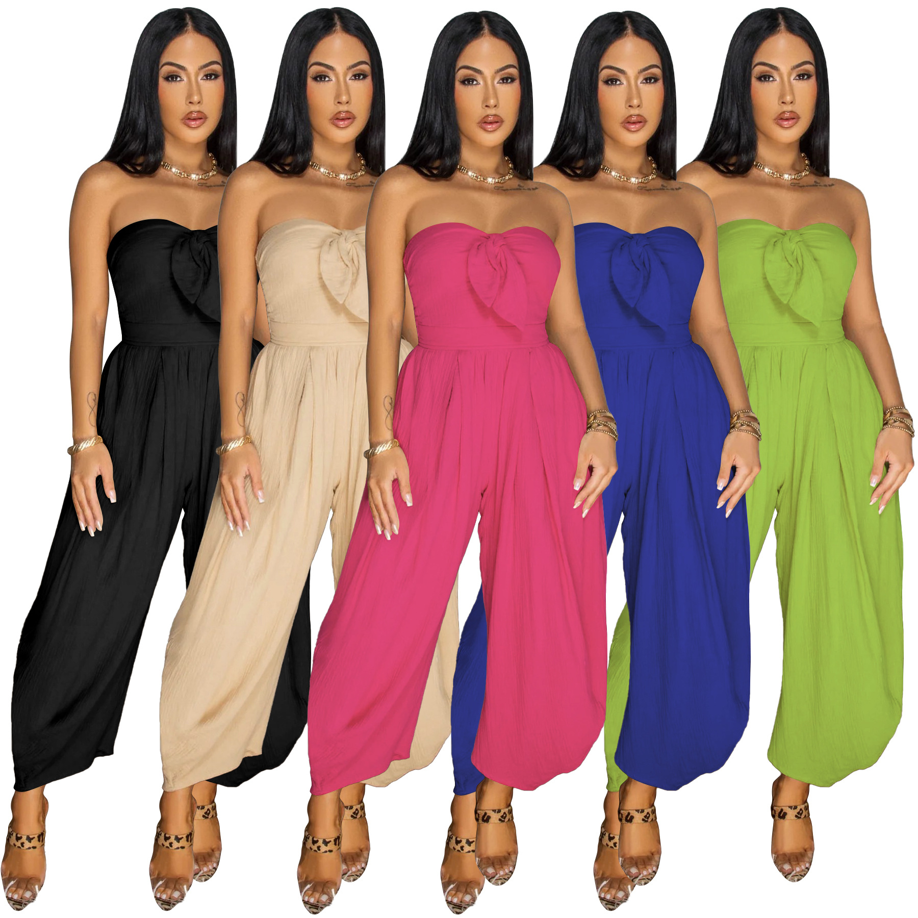 Sexy Damen-Jumpsuit mit Bandeau-Ausschnitt, einfarbig, Sommer, Neu, Direktvertrieb_voghion.com