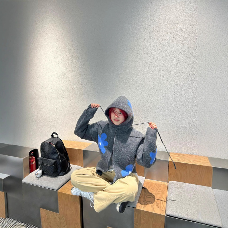 现货博主同款博主韩国小众潮牌提花连帽针织开衫毛衣外套|undefined