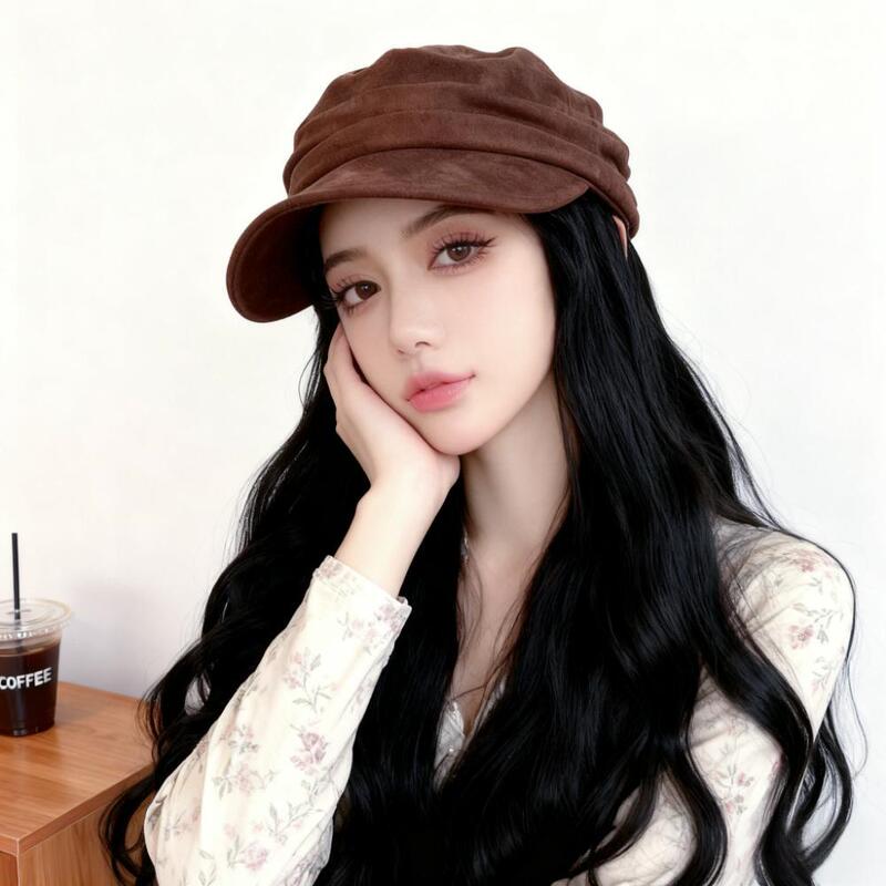 Douyin New Hat Wig Female Long Curly Hair One-Piece Retro Beret with Hair Simulation Hood Manufacturer Ready Stock