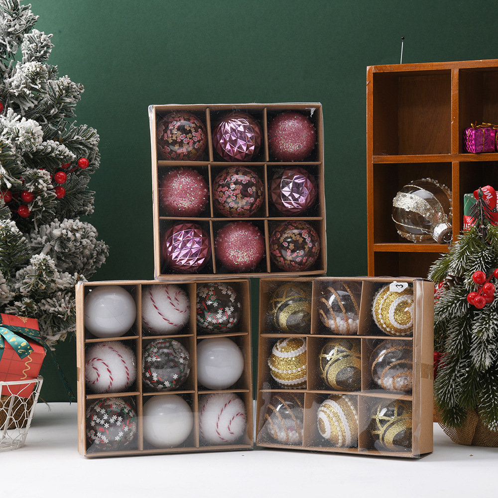 Adornos navideños transfronterizos de 6cm en caja de bolas navideñas pintadas colgantes de bolas decorativas escena tela al por mayor