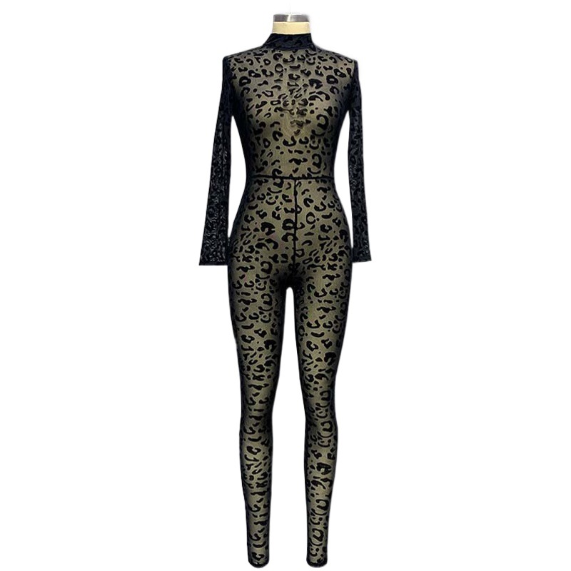 Comercio exterior transfronterizo nuevas mujeres de estilo europeo y americano mono SLIM-Fit de manga larga sexy flocado perspectiva adelgazante mono