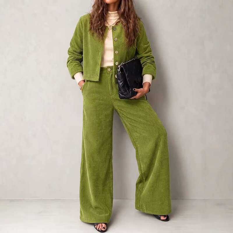 2026 Autumn/Winter Cross-Border European and American Women's Retro Corduroy Suit: Short Jacket and Wide-Leg Pants 2026 Autumn/Winter Cross-Border European and American Women's Retro Corduroy Suit: Short Jacket and Wide-Leg Pants