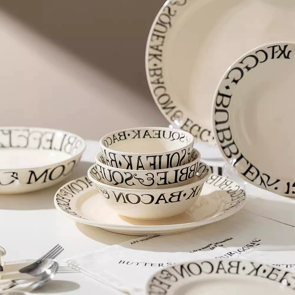 Ceramic tableware set, French-style cream dinnerware with letter rim, assorted sizes