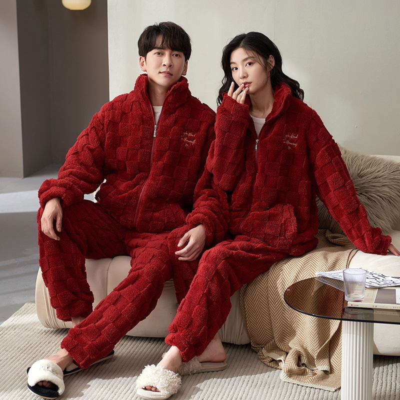Pijamas para Pareja Otoño-Invierno 2025, Nuevo Conjunto de Ropa de Dormir Informal para Hombre y Mujer, de Terciopelo Coral con Cierre y Forro Polar Grueso