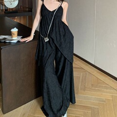 フランスの優しくクールな気質スーツ女性のための夏2025新しい中国風プリントサスペンダーシャツカジュアルパンツ