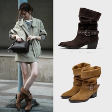 明星同款复古两穿骑士靴女2025秋冬季新款尖头褶皱西部堆堆靴中筒