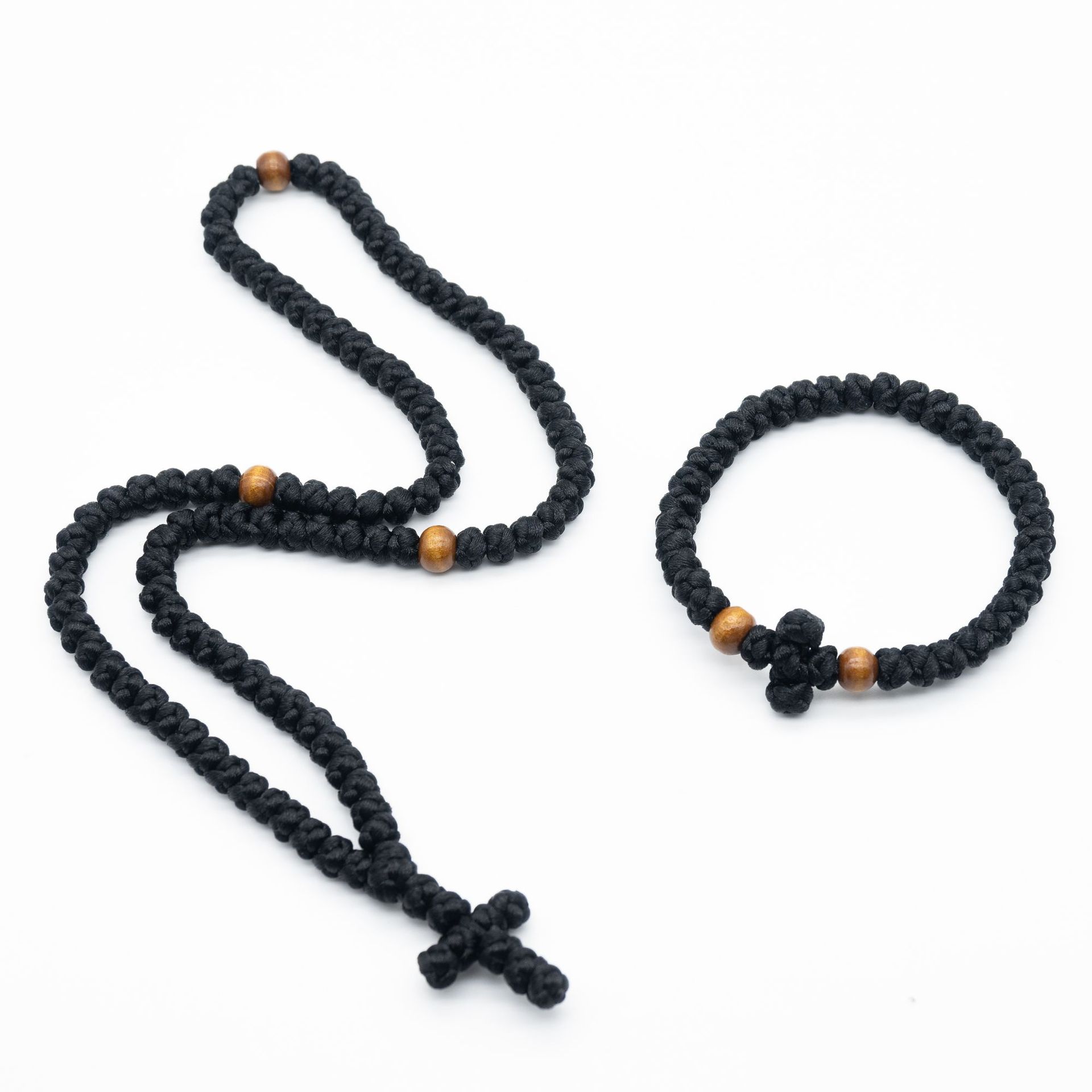 Orthodox Hand-Knitted Prayer Necklace Bracelet Set Wooden Beads Rosary Prayer Holy Cross Adjustable Bracelet