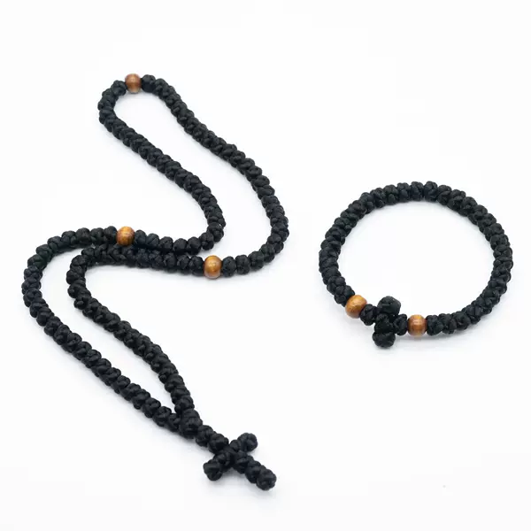 Orthodox Hand-Knitted Prayer Necklace Bracelet Set Wooden Beads Rosary Prayer Holy Cross Adjustable Bracelet