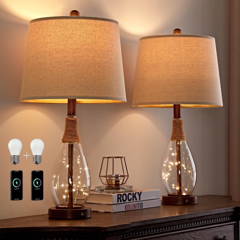 American-style bedside lamp, popular for cross-border sales, featuring a creative firefly design, USB-A+C port, glass shade, farmhouse style, and a retro night light