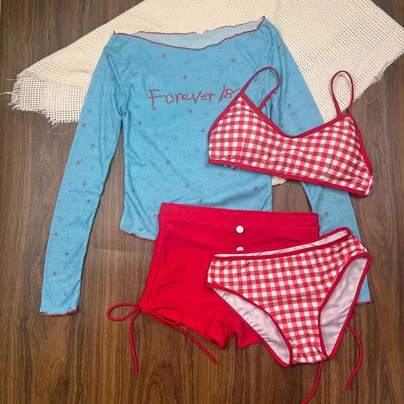 2025 nuevo traje de baño dopamina dulce a cuadros con bikini dividido de cuatro piezas blusa de manga larga de estilo puro