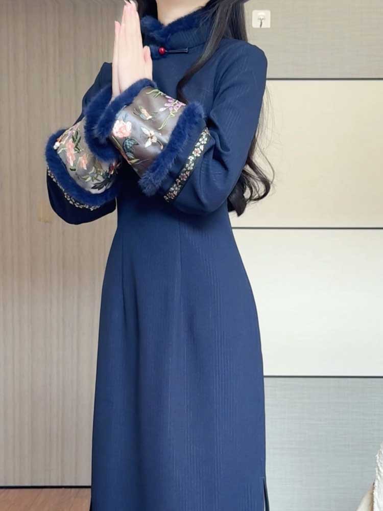 Fleece-lined And Thickened, 2025 Winter Model, Improved Cheongsam With Inverted Large Sleeves, Vintage Warm Fur Collar,_ecoleips.com