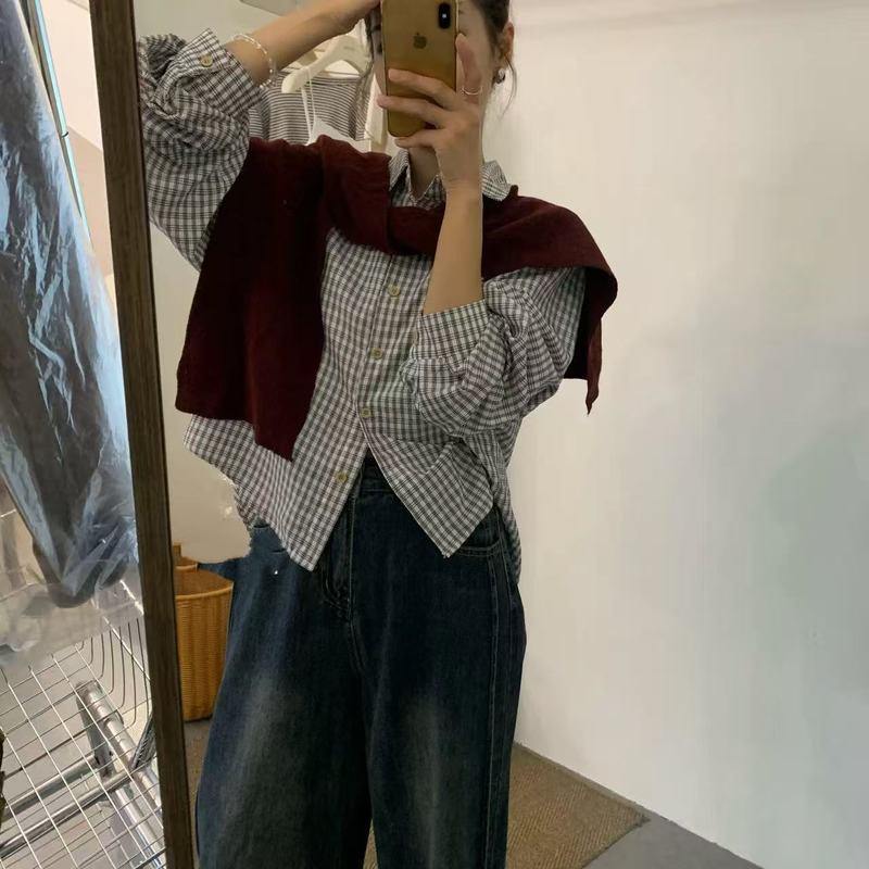 十三行品质货！2025秋季新款韩系复古宽松显瘦短款格子长袖衬衫女|undefined
