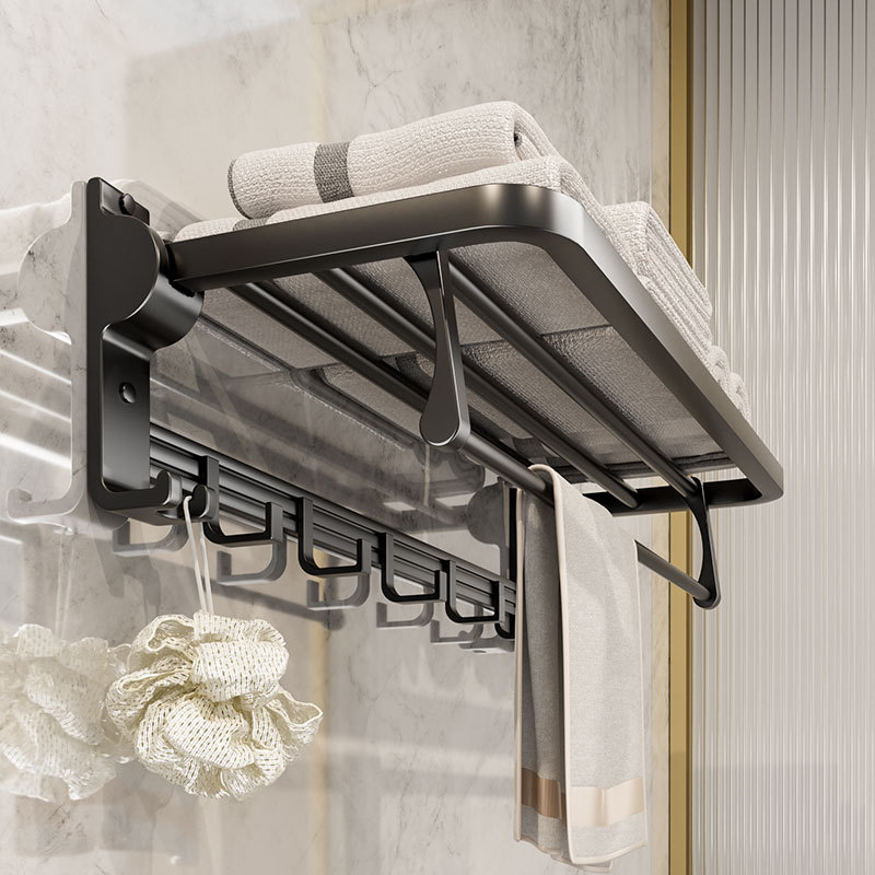 Bathroom Punch-Free Towel Bar Bathroom Wall-Mounted Towel Rack Movable Bath Towel Rack Black Storage Shelf