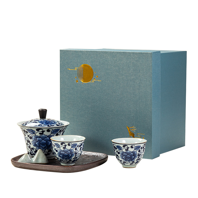 Azul y blanco cubierta de porcelana tazón pequeño conjunto hecho a mano de cerámica grande bandeja de tazón de té Kung Fu juego de té logo mano regalo Kung Fu