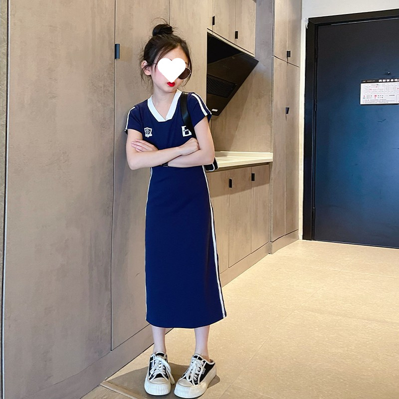 女童夏装紧身裙长裙2024新款大童时髦洋气中长款T恤裙拼色连衣裙