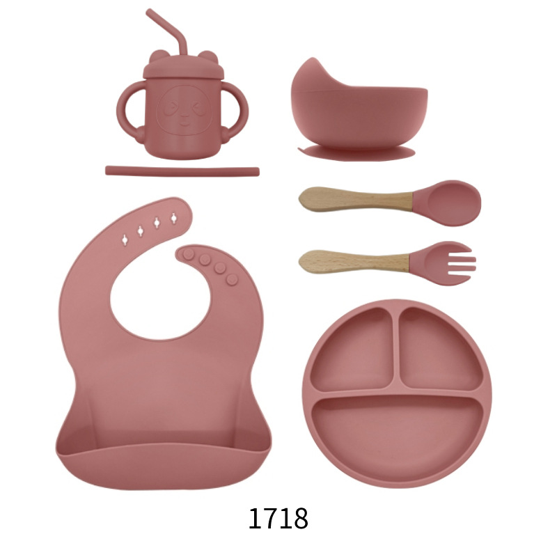 1718-6 피스 세트 578g (턱받이 그릇, 디너 플레이트, 흡입 튜브 컵, 나무 손잡이, 포크 및 숟가락)