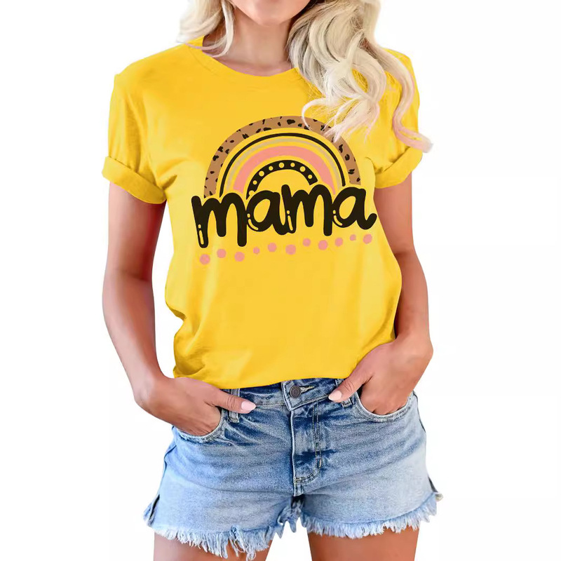 Cross-Border Mama Camouflage Leopard Print Rainbow Mother's Day Fashion Round Neck Short Sleeve Large Size Base Layer T-Shirt for Women