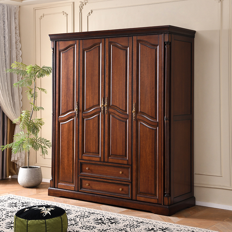 Villa Furniture European Style Wardrobe Bedroom Simple Wardrobe Four-Door Opening Storage Storage American Retro Solid Wood Wardrobe