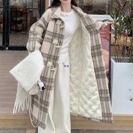 大码加棉内里格子毛呢外套2025新款感冬季加厚长款呢子大衣女