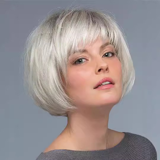 Foreign trade wig European and American women's short straight hair with neat bangs bobo head gradient light gold chemical fiber headgear Xuchang manufacturers