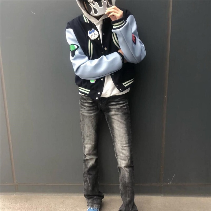 Kikokostadinov Limited Edition Blue-Sleeved Short Kiko Baseball Jacket High Street Cleanfit Couple's Jacket Kikokostadinov Limited Edition Blue-Sleeved Short Kiko Baseball Jacket High Street Cleanfit Couple's Jacket