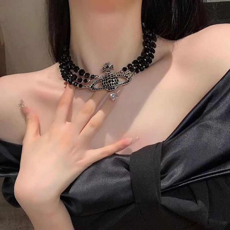 西太后の新型満ドリル三層黒水晶土星ネックレス女性レトロ暗黒短金鎖骨鎖首鎖g|undefined