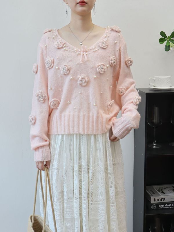 钉珠立体花朵针织衫上衣2025早秋新款软糯宽松温柔风毛衣套头女潮|undefined