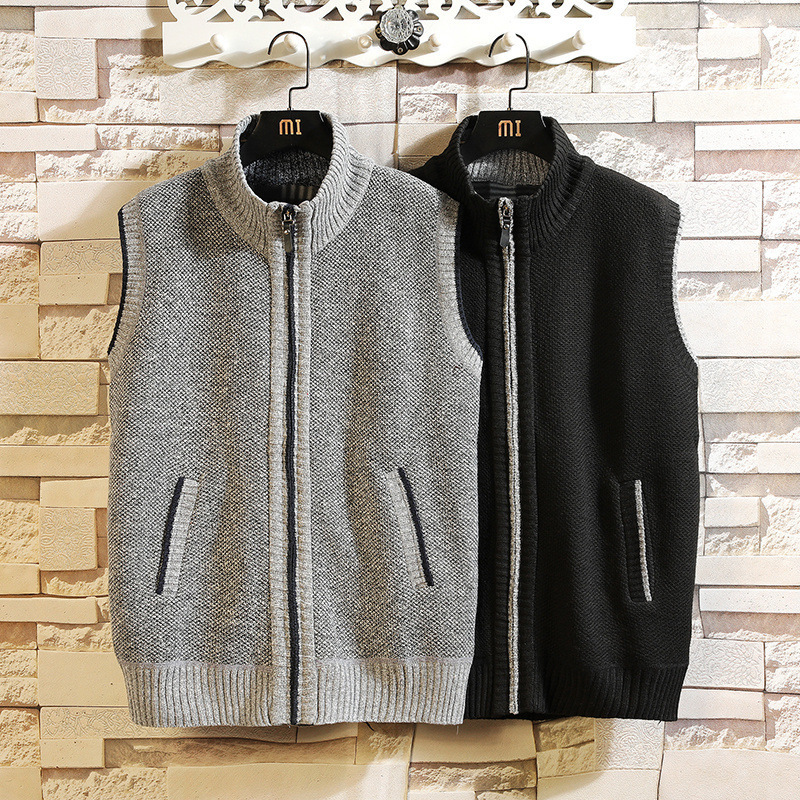 Men's Foreign Trade Knitted Cardigan Vest, Fleece-Lined, Thickened, Loose Fit, High-Necked, Woolen Vest, Autumn and Winter Warm Sleeveless Sweater