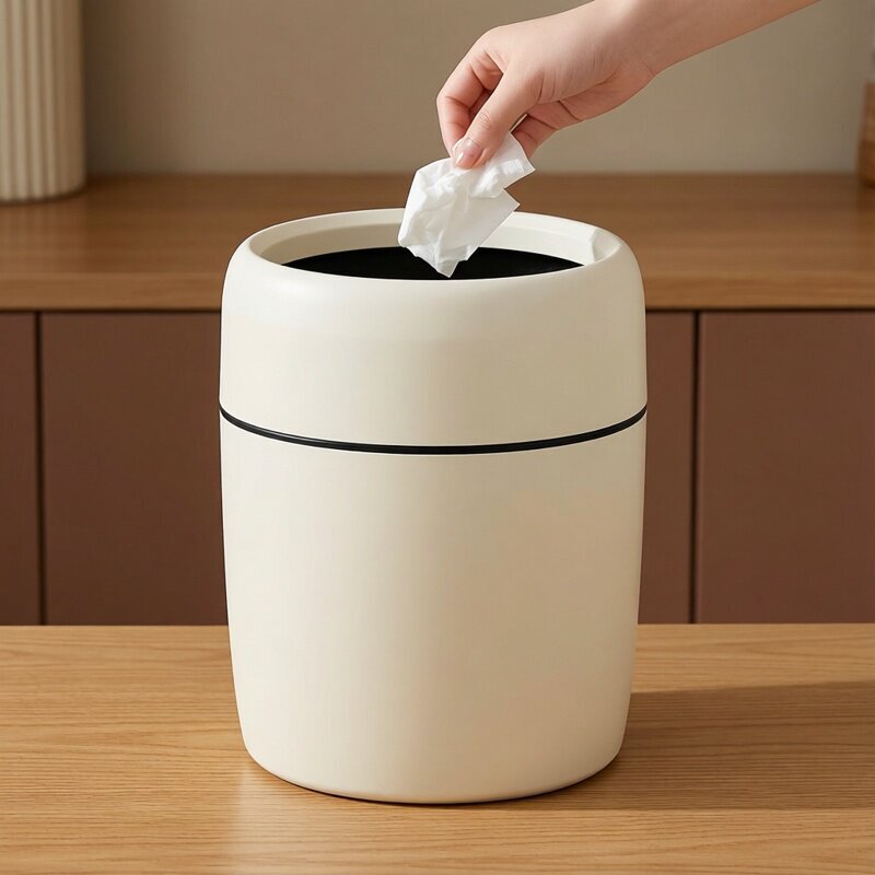 Large-capacity cream-colored minimalist trash can for home use, light luxury and high aesthetic value, plastic round waste basket for kitchen and bathroom