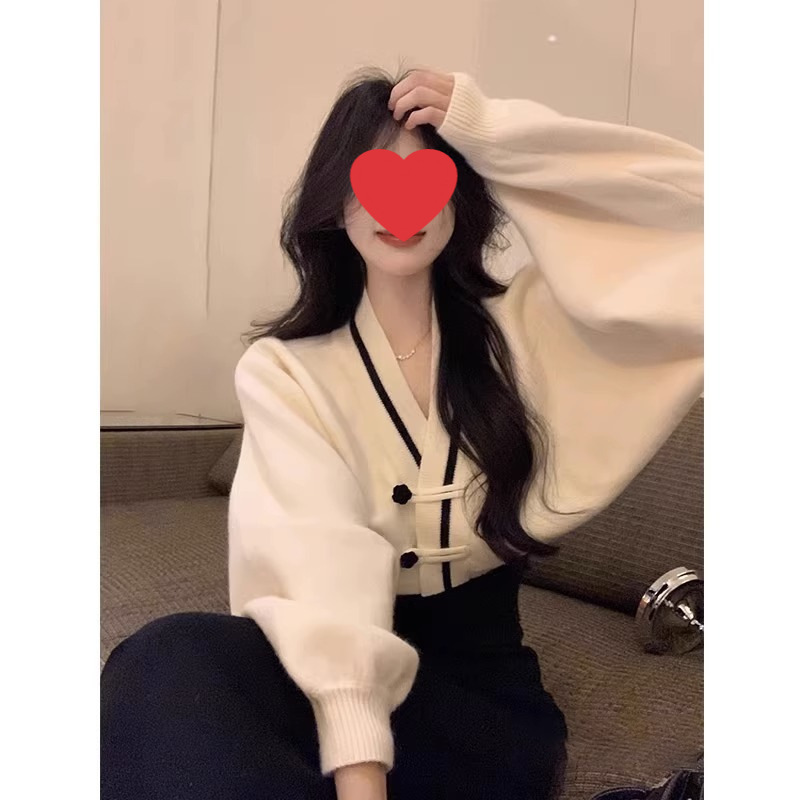 新中式国风盘扣撞色V领毛衣外套女吊带洋装秋款法式桔梗两件套