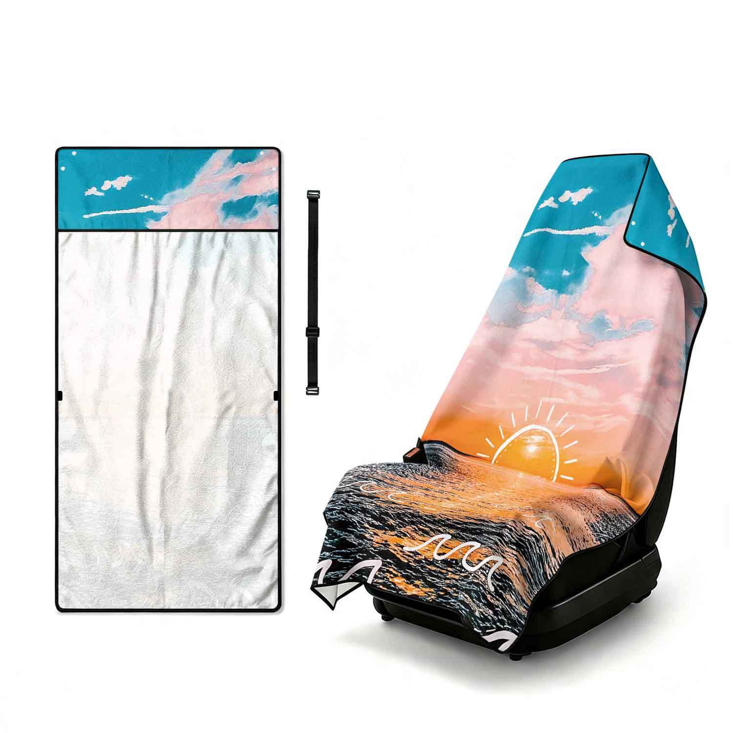 Printed bath towel and car seat cover 2-in-1, ultra-fine fiber outdoor beach and car dual-use universal seat cushion