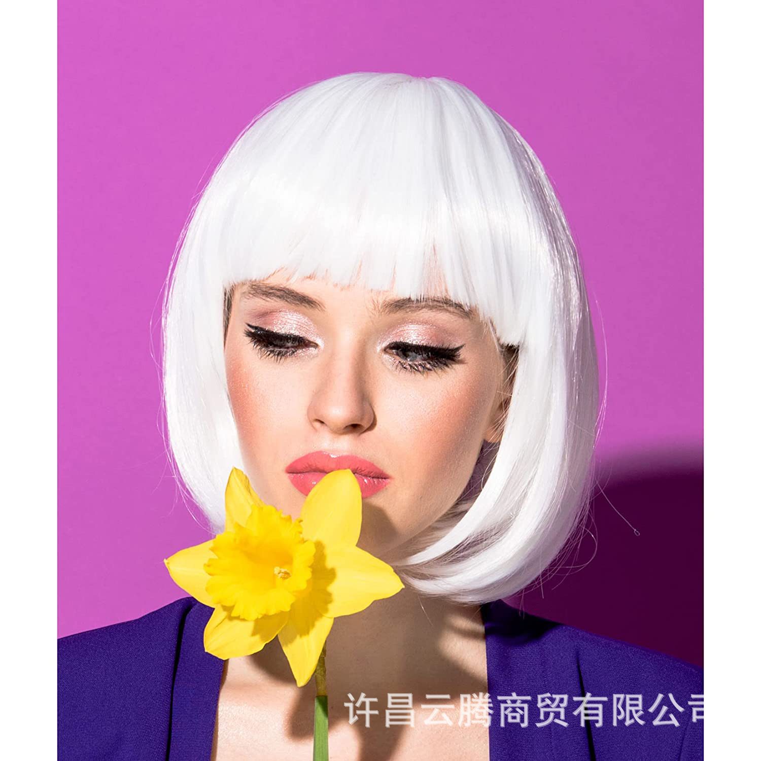 现货秒发女波波头假发 cosplay白色齐刘海短直发化纤假发Bob wig-阿里巴巴