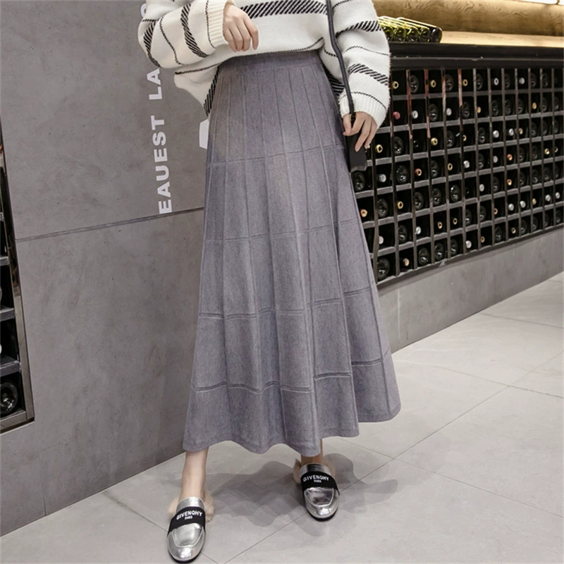 Трикотажная юбка женский 2024 осень-зима новый стиль с высокой талией толстый клетчатый длинный юбка юбка А-образное платье моды