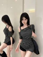 夏天打底衫法式露肩条纹短袖t恤女夏季设计感不规则斜肩上衣女isn