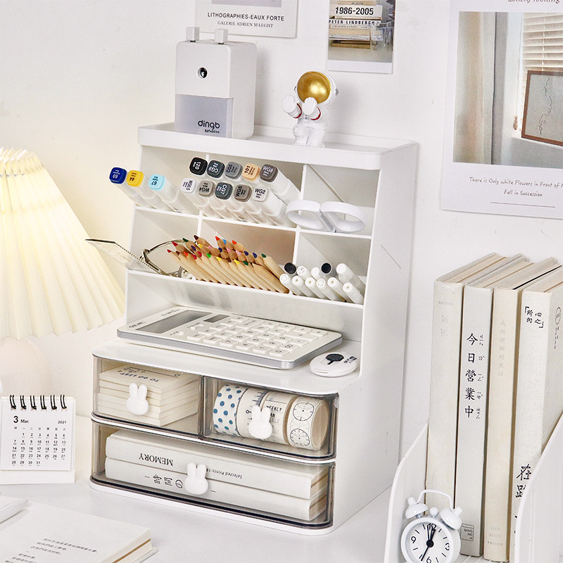 Conejo de escritorio de doble capa estante de almacenamiento transparente tipo cajón apertura esencial dormitorio de estudiantes almacenamiento cosmético