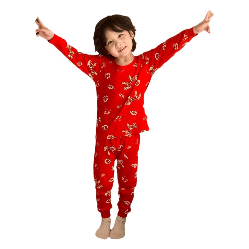 Conjunto de ropa interior de algodón para niños y niñas, ropa y pantalones rojos de otoño, versión engrosada para el año de nacimiento, pijamas y ropa de estar por casa.