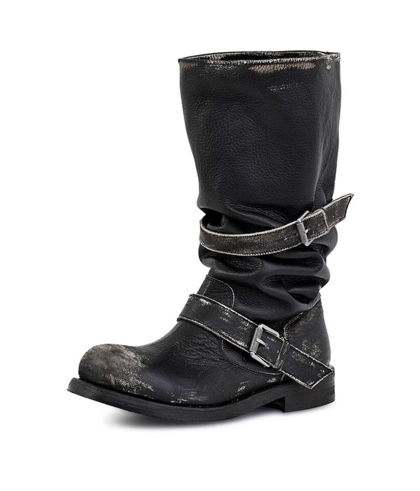 Bốt nữ da bò thật xử lý giặt màu phong cách retro, khóa thắt lưng, cổ trung, gót vừa 3–5 cm — Kaki, Màu nâu, Màu đen (màu chà xát) chi tiết 13