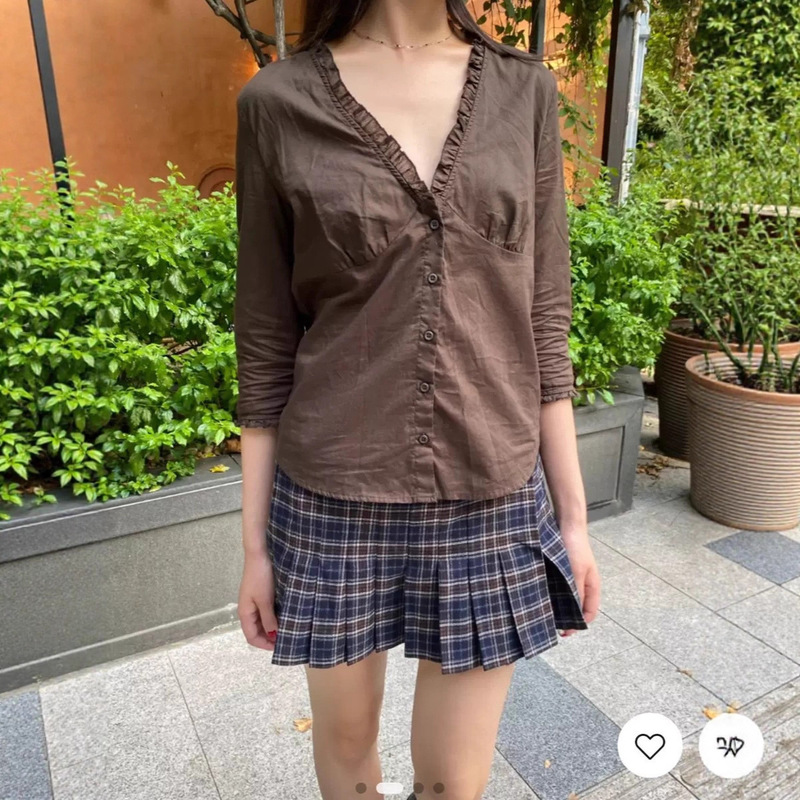 Bm Style New American Brown Ruffled V-Neck Shirt Bm Thin Slimming Button Three-Quarter Sleeve Lace Top for Women