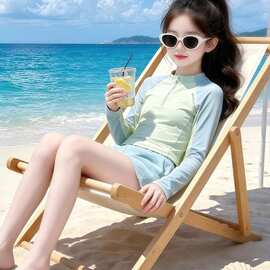 1648#原版布料女童分体泳衣夏季新款儿童长袖防晒泳装夏装女