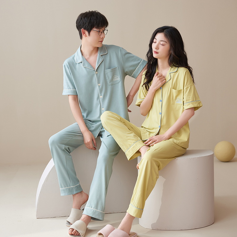 Pijamas pareja desgaste un hombre y una mujer verano puro algodón simple moda de alta calidad delgada pantalones de manga corta ropa de casa verano