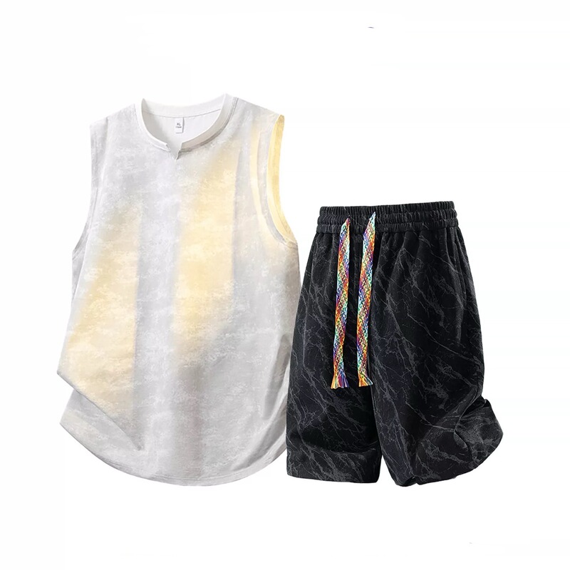 American-Style Casual Tie-Dye Vest Set for Men, Summer Loose Fit Plus Size Vest Paired with Shorts Set