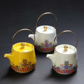 中式手工扒花富贵满堂提梁壶复古珐琅彩茶壶茶具套装盖碗茶碗茶杯