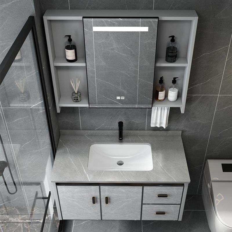 Ceramic Basin Integrated Countertop with Rock Slab, Thickened Aluminum Space Combination for Small Bathroom Cabinet, Simple Design