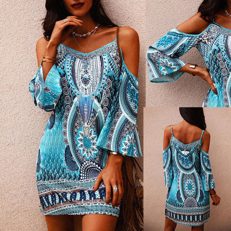 Cross-Border Women's Clothing 2023 Summer Amazon European and American Style Printed V-Neck Hollow-Out Short-Sleeve Cold Shoulder Strap Dress Short Style