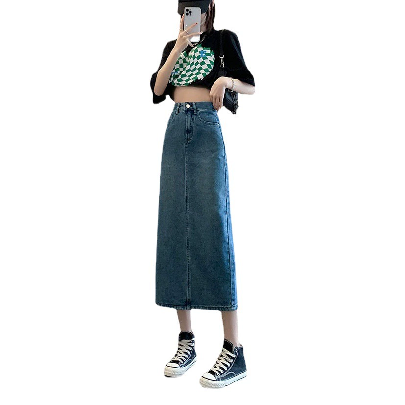 Весенняя женская юбка средней длины с высокой талией тонкая юбка А-образной формы 2023 весенняя новая джинсовая юбка с открытой вилкой
