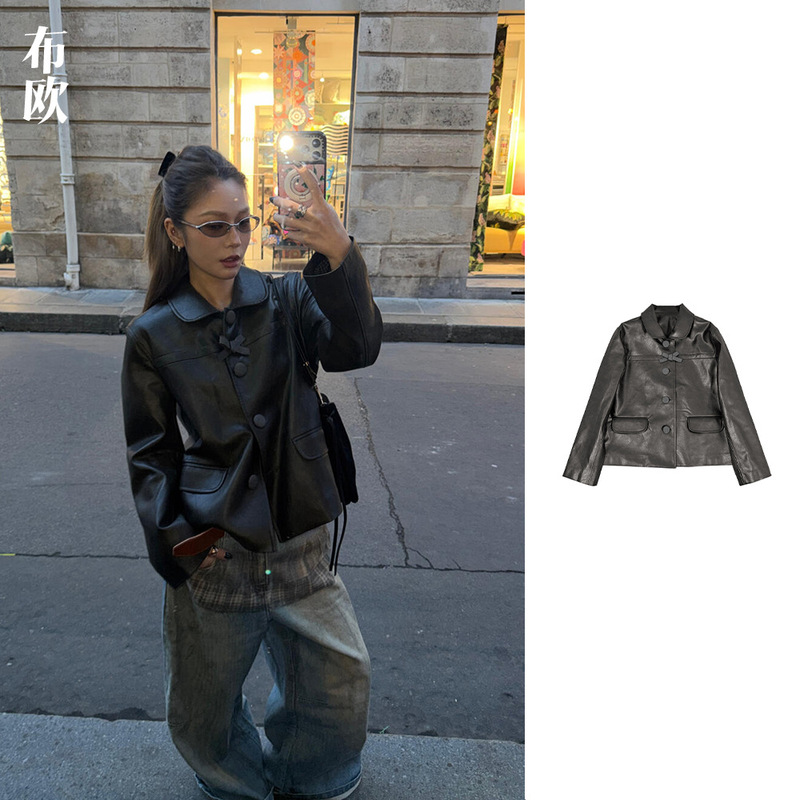 "Same Style as Nana Blogger" Bowknot Eco-Friendly Short Leather Jacket Doll Collar Solid Color Retro Jacket for Women "Same Style as Nana Blogger" Bowknot Eco-Friendly Short Leather Jacket Doll Collar Solid Color Retro Jacket for Women